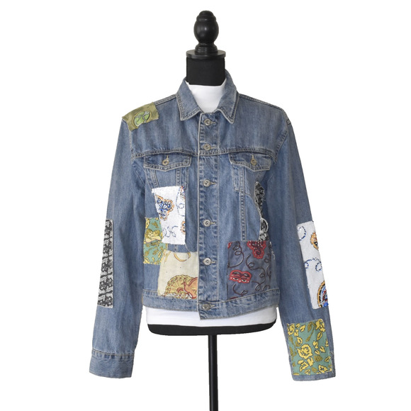 B00 Auth LOEWE PAULA IBIZA Patchwork Patterned Denim Jacket Size L - Picture 1 of 9